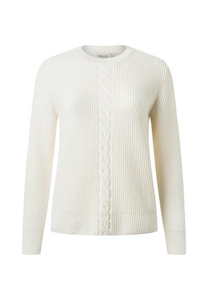 Hvid langtærmet strikket sweater med rund halsudskæring og centralt vertikalt kabelstrikket mønster.