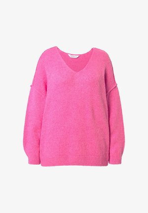 Vaaleanpunainen ylipitkä neulepaita, jossa on V-mallinen kaula-aukko, alas lasketut olkapäät sekä ribbikuvioidut hihansuut ja helma. Pehmeä koostumus rentoa istuvuutta varten.