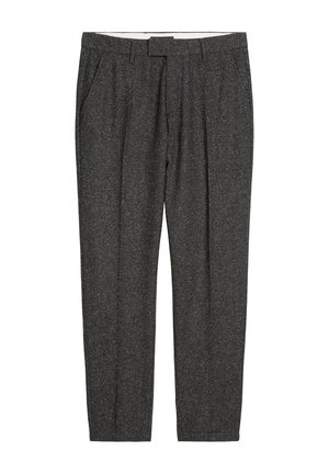Ciemnoszare spersonalizowane spodnie z teksturowanym wykończeniem, z bocznymi kieszeniami i gładkim przodem. Slim fit z lekko zwężanymi nogawkami.
