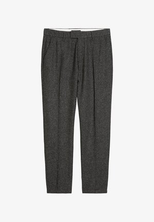 Dark gray tailored trousers with a textured finish, featuring side pockets and a flat front design. Slim fit with a slightly tapered leg.