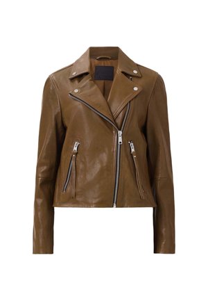 Veste de moto en cuir marron avec des zips en métal argenté, un col à pression et deux poches frontales zippées. Texture lisse et design court.