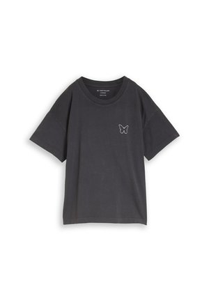 Dark gray oversized short-sleeve T-shirt with round neck and small white butterfly outline on left chest.