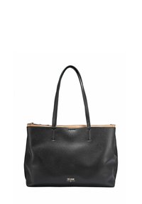 Czarna torebka tote z teksturowanej skóry, z dwoma długimi uchwytami, otwartym wnętrzem i jasnobrązowym wykończeniem. Charakteryzuje się minimalistycznym logo na froncie. Przestronnym wnętrzem.