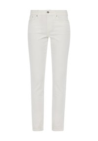Białe dżinsy o dopasowanym kroju, z pięcioma kieszeniami i metalowym zapięciem. Gładka faktura z delikatnymi przeszyciami.
