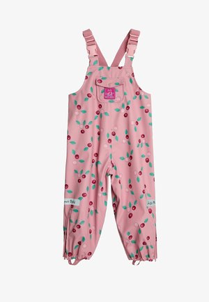 Salopete impermeabile roz cu un model de cireșe și frunze, curele reglabile și manșete elastice la glezne pentru o ajustare sigură.