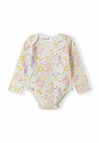 Body a maniche lunghe per bebé in crema chiaro con motivi colorati di animali e fiori. Tessuto morbido, chiusure a scatto sul fondo.