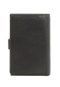Zwarte leren portemonnee met een gladde textuur, rechthoekige vorm en een contrasterende roze accent op de zijsluiting.