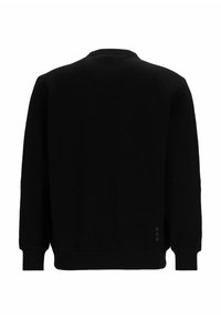 Schwarzer Pulli mit strukturiertem Stoff, Rundhalsausschnitt und langen Ärmeln. In der unteren linken Ecke befindet sich ein dezentes Logo.