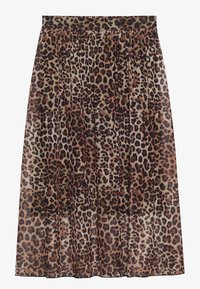 Sukně s leopardím potiskem a sklady, vyrobená z lehkého materiálu. Disponuje širokým pasem a různobarevnými hnědými a černými skvrnami.