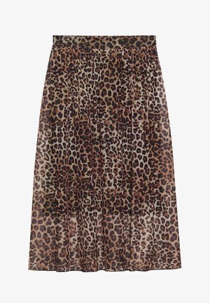 Minirock mit Leopardenmuster und gefaltetem Design, aus leichtem Stoff gefertigt. Verfügt über einen breiten Taillenbund und unterschiedlich große braune und schwarze Flecken.