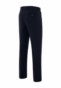 Marineblauwe broek van een gladde stof, met een recht pijpdesign en twee achterzakken met knoopsluitingen. Minimalistische stijl met strakke lijnen.