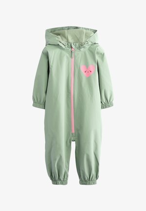 Salopetă pentru bebeluși, verde deschis, cu glugă, fermoar roz și inimă roz zâmbitoare pe piept, manșete elastice la mâneci și picioare.