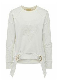 Biała bluza z wytłoczonym wzorem kwiatowym, rękawy raglanowe, regulowany pas ze złotym wykończeniem oraz miękka faktura.