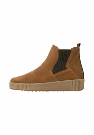 Brown suede ankle boot with brown elastic side panels and ribbed light brown rubber sole viewed from the outer side.