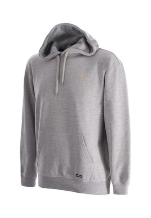 Lichtgrijze hoodie met buidelzak, trekkoorden, geribde boorden en zoom, klein gouden logo op de borst en zwart COPA-label op de zak.