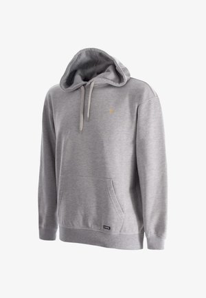 Lichtgrijze hoodie met buidelzak, trekkoorden, geribde boorden en zoom, klein gouden logo op de borst en zwart COPA-label op de zak.