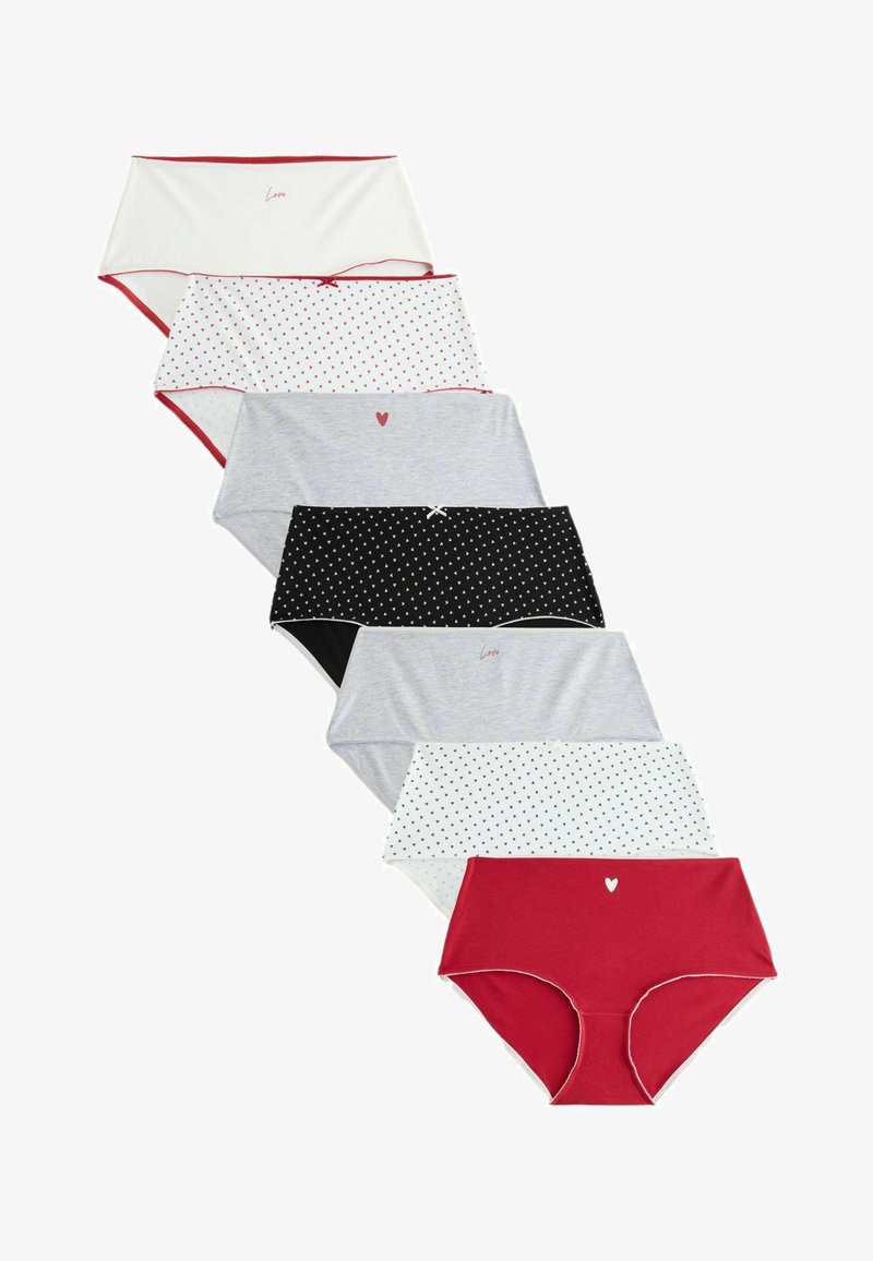 Sept culottes pour femmes de différentes couleurs et motifs de cœurs, disposées en rangée verticale sur un fond blanc.