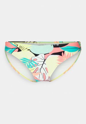 Bikini gaćice za plivanje s višebojnim uzorkom tropskog lišća na svijetloj pozadini. Materijal izgleda glatko s elastičnom gumicom.