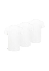 Hvide bomuld t-shirts, korte ærmer, rund hals, tre-pak, glat tekstur, enkelt design, uden mønstre eller grafik, afslappet pasform.
