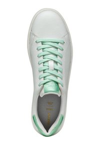 White leather sneaker with mint green laces and accents, rounded toe, and textured tongue. Features a logo near the heel and flat sole.