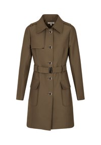 Bruine trenchcoat met lange mouwen, knopen vooraan, een ceintuurlijn in de taille en twee voorzakken. Gemaakt van een gladde stof met een gestructureerd ontwerp.