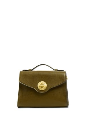 Borsa in pelle verde oliva con manico superiore e chiusura a scatto circolare dorata sulla patta frontale.