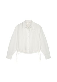 Witte overhemd met lange mouwen, trekkoord aan de zoom en hartborduursel aan de linkerkant. Gemaakt van gladde stof.