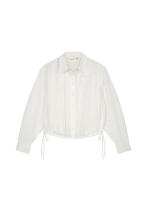 Witte overhemd met lange mouwen, trekkoord aan de zoom en hartborduursel aan de linkerkant. Gemaakt van gladde stof.