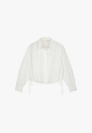 White button-up shirt with long sleeves, drawstring hem, and heart embroidery detail on the left side. Made from smooth fabric.