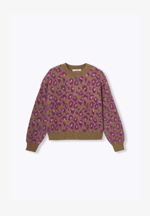 Pull en maille avec une base marron et un imprimé léopard violet et rose. Encolure ronde et poignets et ourlet côtelés pour plus de texture.