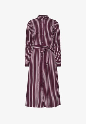 Bordeaux shirtjurk met witte verticale strepen, lange mouwen, knopenvelop en een bijpassende tailleband. Bevat een kraag en twee borstzakken.