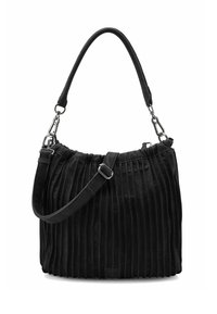 Borsa in pelle nera con design plissettato, parte superiore arrotondata e doppie cinghie, con accessori in tonalità argentata e superficie texturizzata.