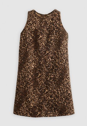 Abito senza maniche a stampa leopardata con scollatura rotonda, forma A-line rilassata e una morbida texture nei toni del marrone e del beige.