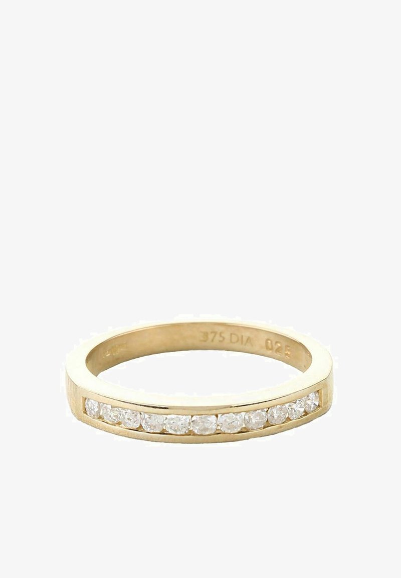 Zelta gredzens ar gludu joslu, kurā ir pieci mazi, apaļi dimanti, kas ierīkoti horizontālā līnijā. Zīmogs: 375 DIA.