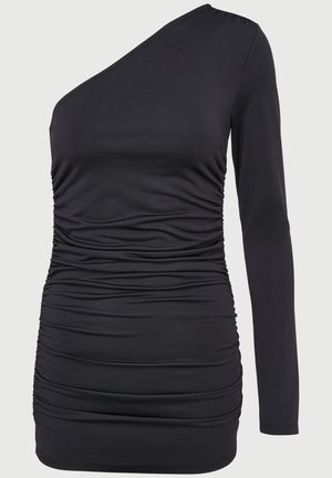 Sort top med én skulder og lange ærmer, der har samlet ruching hele vejen gennem kroppen for tekstur og en tætsiddende silhuet.