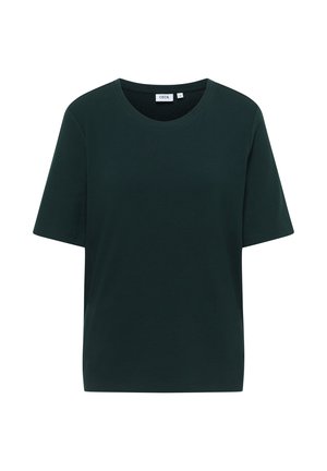 Ciemnozielona koszulka z krótkim rękawem, wykonana z miękkiego materiału, z okrągłym dekoltem i luźnym krojem. Metka widoczna przy dekolcie.