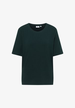 Ciemnozielona koszulka z krótkim rękawem, wykonana z miękkiego materiału, z okrągłym dekoltem i luźnym krojem. Metka widoczna przy dekolcie.