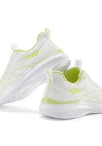 White athletic shoes with lime green accents, featuring a breathable mesh upper, textured detailing, and a lightweight rubber sole.