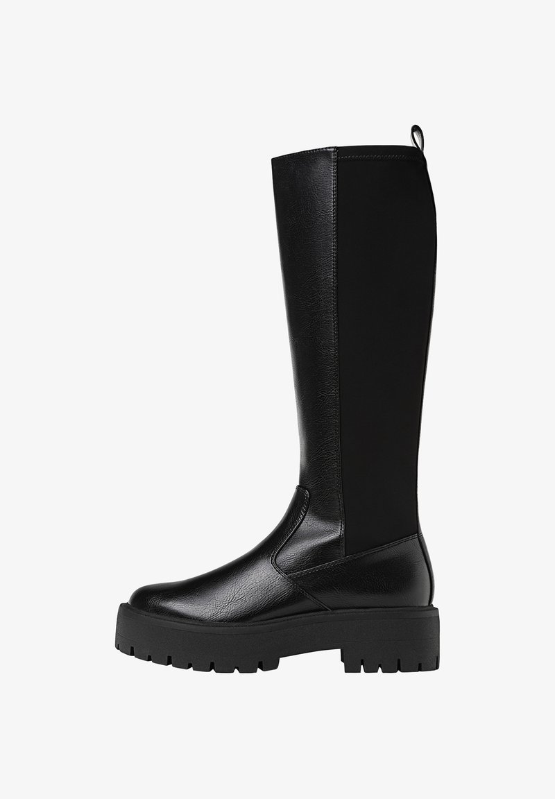Botte noire haute avec semelle épaisse, devant en cuir et panneau arrière extensible, avec une languette à tirer en haut à l'arrière.