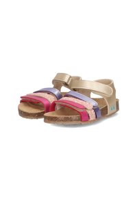 Sandalen met bandjes, gemaakt van een mix van roze, paars en gouden synthetische materialen, glitteraccenten en een kurken zool voor comfort.