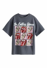 Szara koszulka z krótkim rękawem z dziewięcioma graficznymi panelami z logo Rolling Stones w kolorze czerwonym oraz wzorem zwierzęcym, z okrągłym dekoltem.