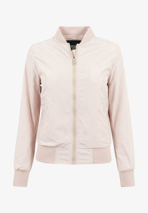 Világos rózsaszín bomberdzseki sima anyagból. Ribbed nyakkal, mandzsettákkal és aljjal; középső cipzárral és oldalsó zsebekkel. Egyszerű dizájn.