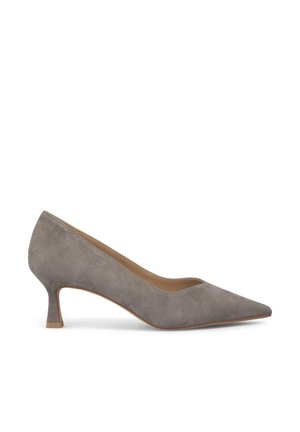 Zapatos de tacón de ante gris con puntera afilada y un tacón corto y delgado. La textura es suave, con un diseño minimalista y sin acentos visibles.