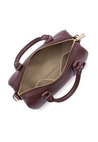 Borsa in pelle borgogna con zip in tonalità dorata, doppi manici rotondi e rivestimento interno beige. Forma rettangolare compatta con superficie testurizzata.