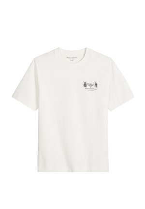 Witte T-shirt met korte mouwen en ronde hals, kleine zwarte insectillustraties en de tekst "Marc O'Polo" op de linkerborst.