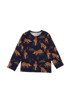 Navy blue long-sleeve shirt with all-over tiger and leopard print, showing animals in various walking and stalking poses.