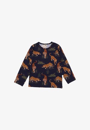 Navy blue long-sleeve shirt with all-over tiger and leopard print, showing animals in various walking and stalking poses.