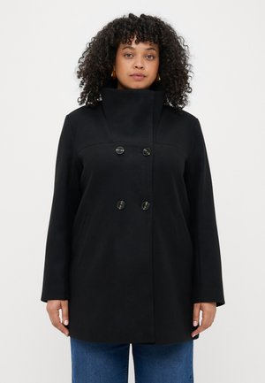Čierny kabát z vlnenej zmesi s vysokým golierom, dvochradovým zapínaním a veľkými čiernymi gombíkmi, s bočnými vreckami a hladkou textúrou.