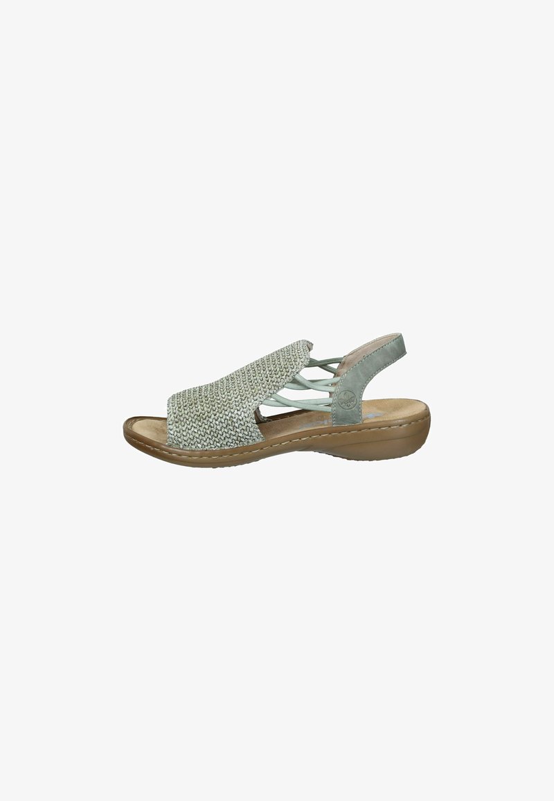 Sandal med vävd grå ovandel och ljusblå accenter. Har en dämpad, tan sula och ett slingback-rem för säker passform.