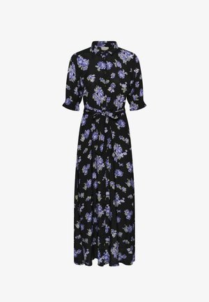 Robe longue noire à motif floral violet, boutonnée sur le devant, manches courtes, col et ceinture nouée à la taille.